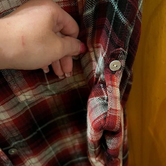 Living Doll size medium burgundy plaid button down shirt w/iridescent buttons - Picture 2 of 5
